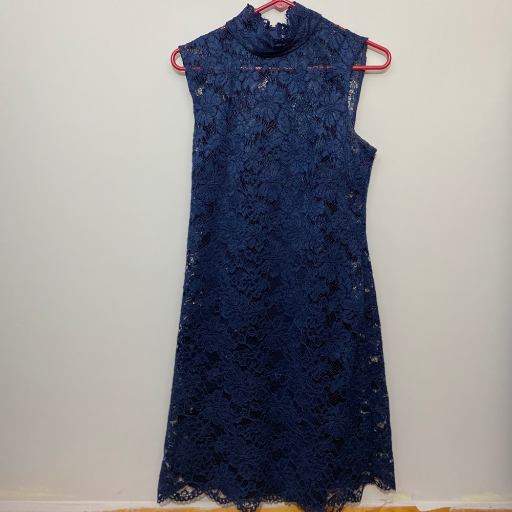 Blue Lace Turtle Neck Dress